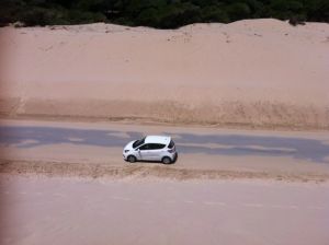 My hire car in between the sand dunes in Tarifa, Spain